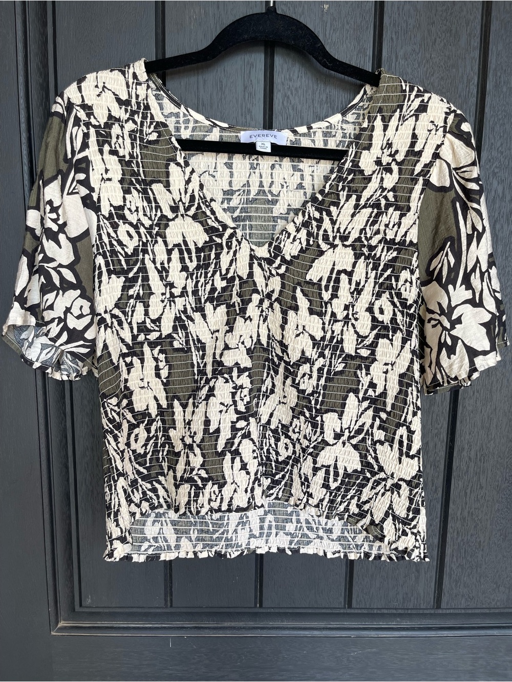 Evereve Carson Smocked Floral Top Olive Black Cream XL